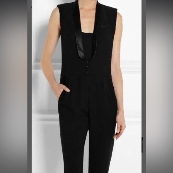 Maje Jumpsuit Elfie Tuxedo Plunging V Neck Black Satin Trim - Picture 5 of 14
